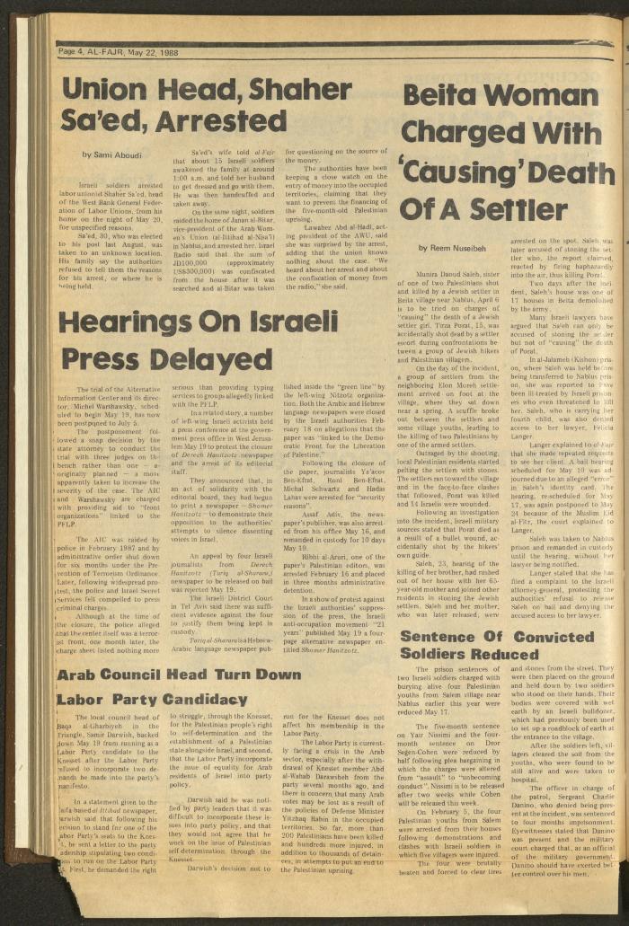 Issue 418 of al-Fajr Newspaper, 22 May 1988