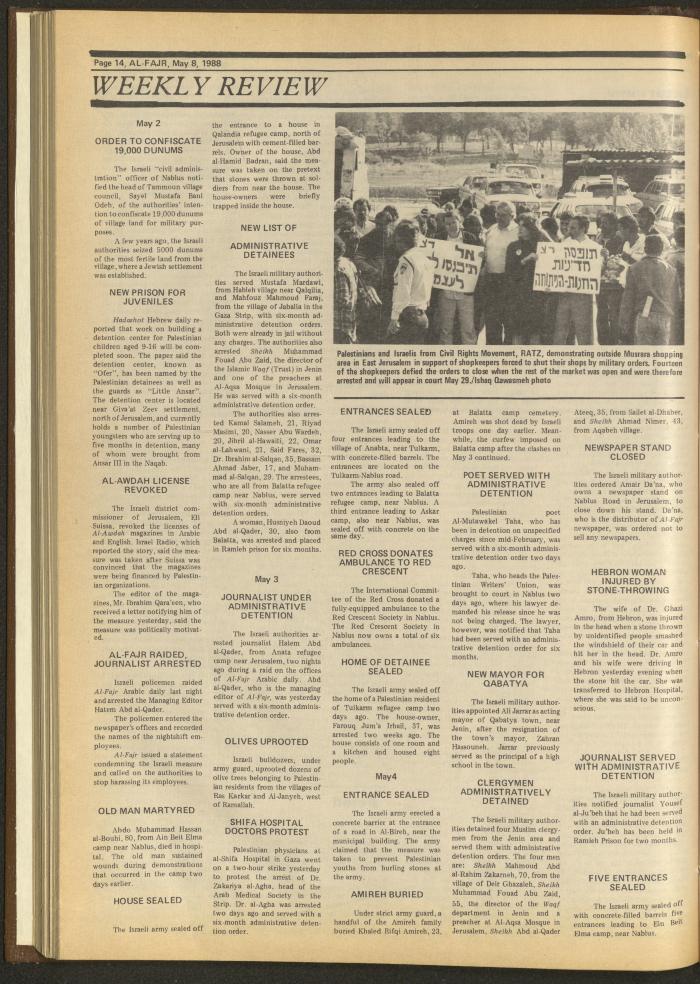 Issue 416 of al-Fajr Newspaper, 8 May 1988