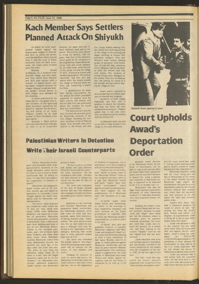 العدد 421 من جريدة الفجر، 12 حزيران 1988