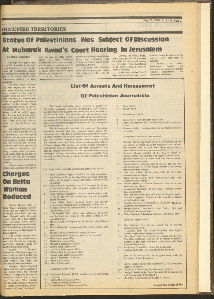 Issue 419 of al-Fajr Newspaper, 29 May 1988