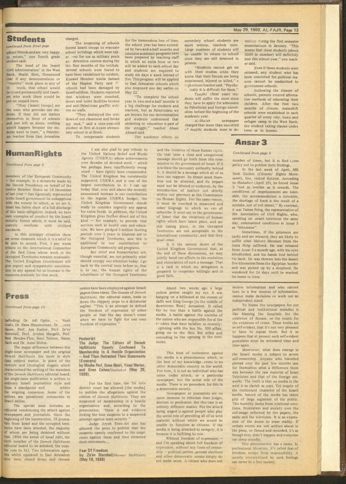 Issue 419 of al-Fajr Newspaper, 29 May 1988