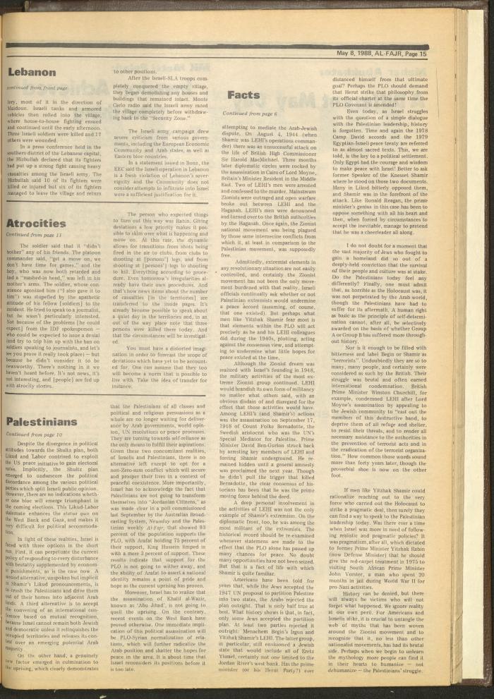 Issue 416 of al-Fajr Newspaper, 8 May 1988