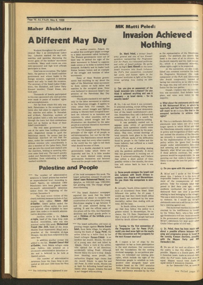 Issue 416 of al-Fajr Newspaper, 8 May 1988