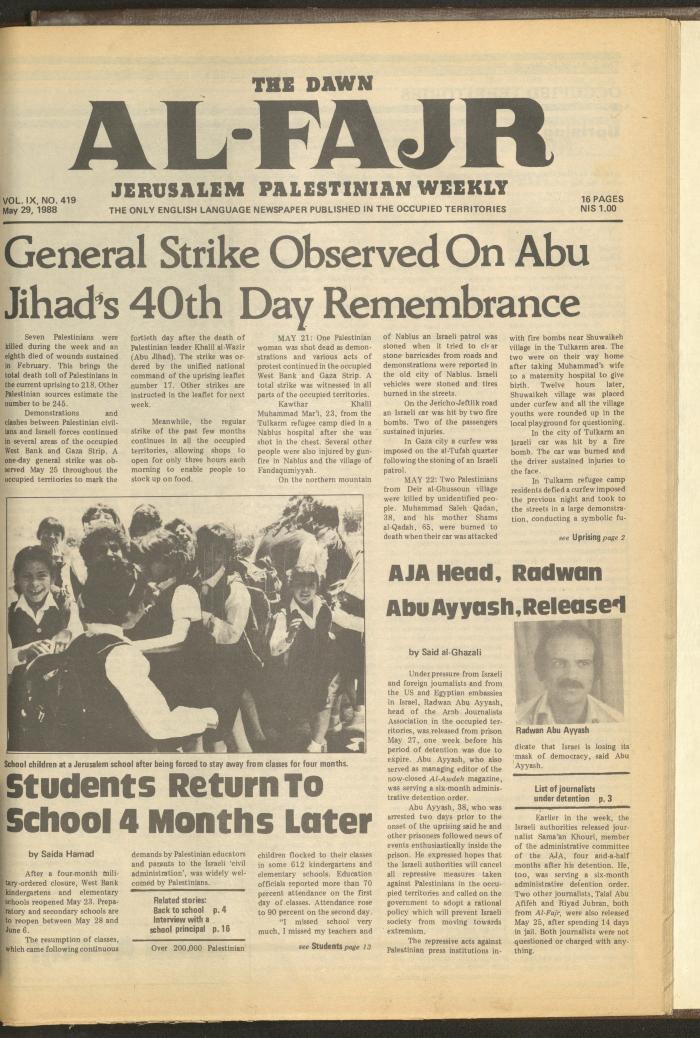 Issue 419 of al-Fajr Newspaper, 29 May 1988