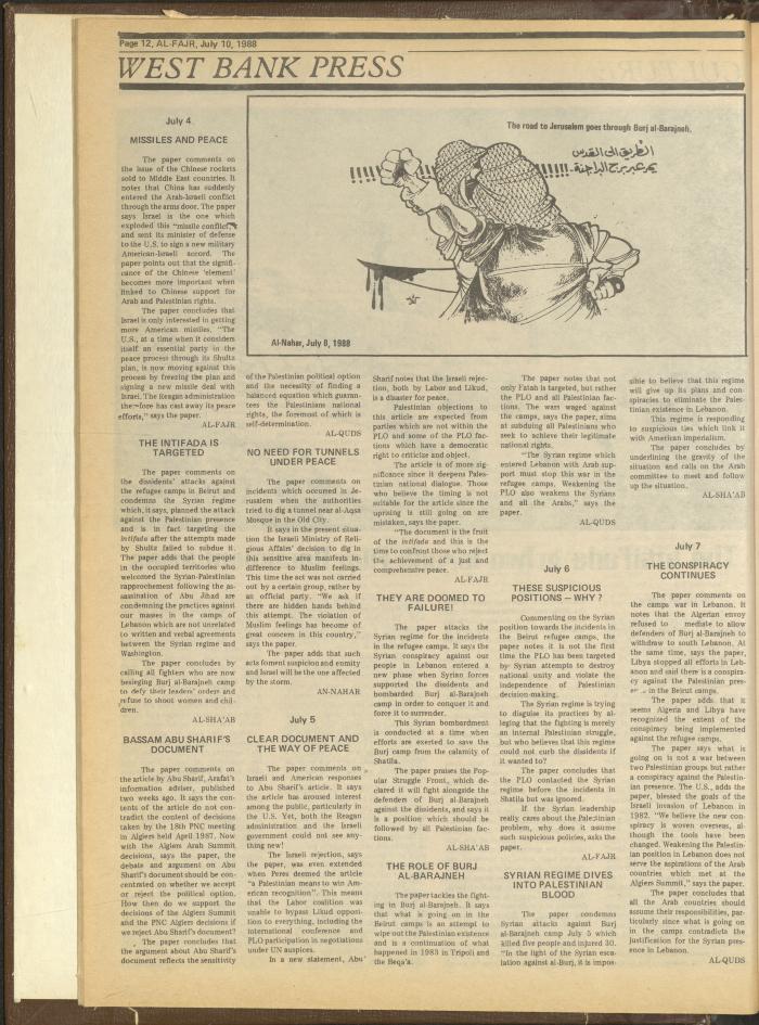 Issue 425 of al-Fajr Newspaper, 10 July 1988