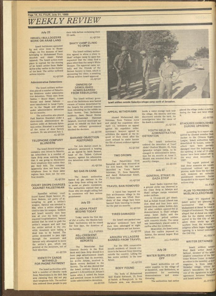 العدد 428 من جريدة الفجر، 31 تموز 1988