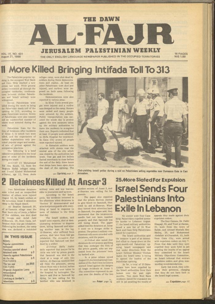 Issue 431 of al-Fajr Newspaper, 21 August 1988