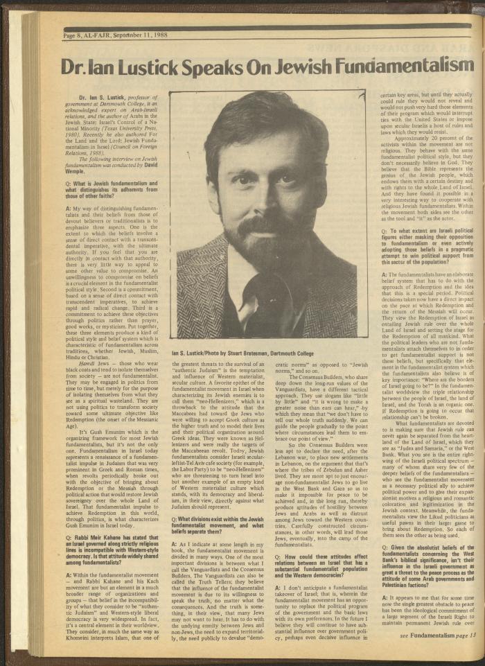Issue 434 of al-Fajr Newspaper, 11 September 1988