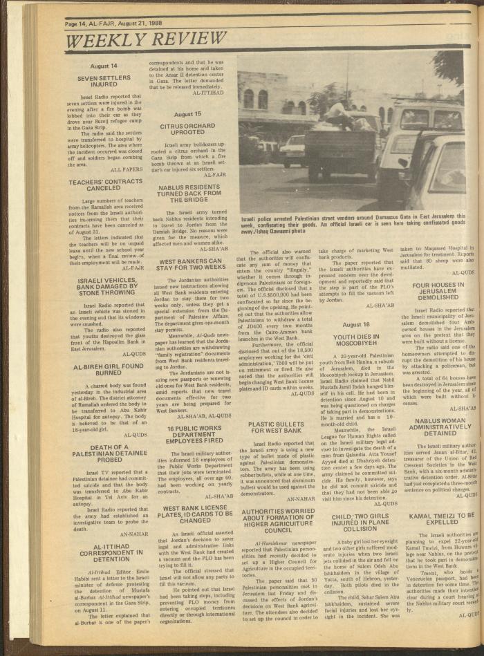 Issue 431 of al-Fajr Newspaper, 21 August 1988