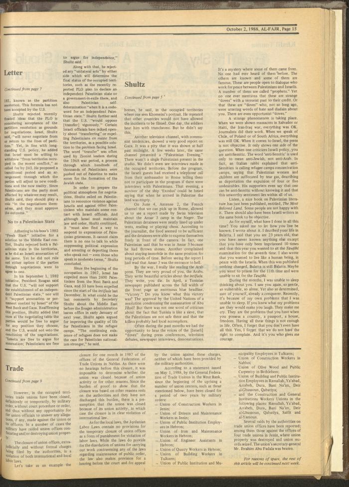 العدد 437 من جريدة الفجر، 2 تشرين الأول 1988