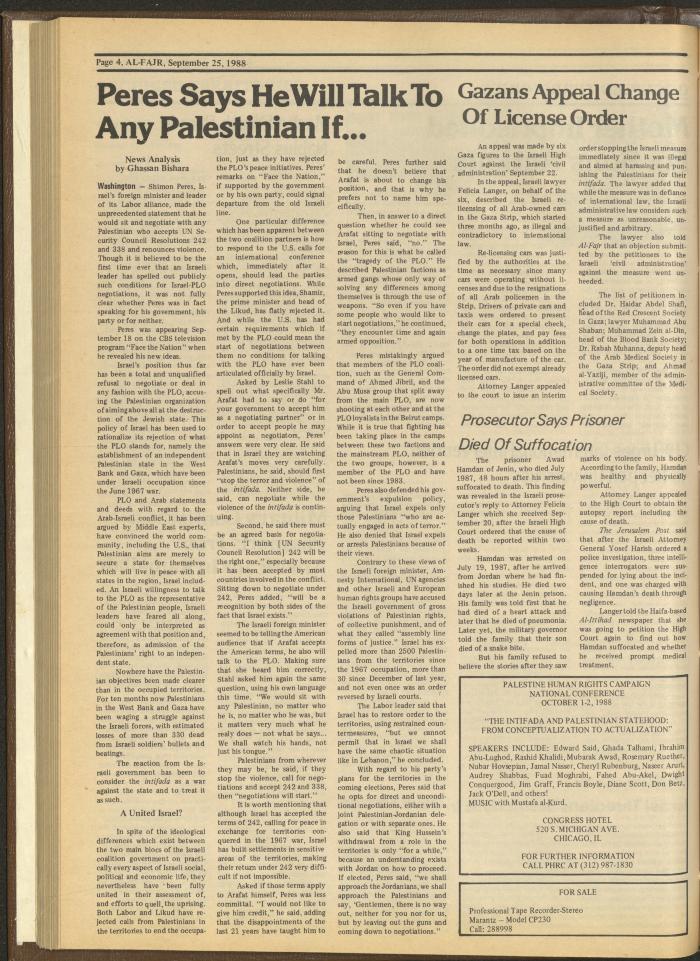 Issue 436 of al-Fajr Newspaper, 25 September 1988