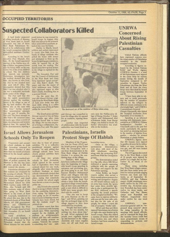 Issue 438 of al-Fajr Newspaper, 11 October 1988