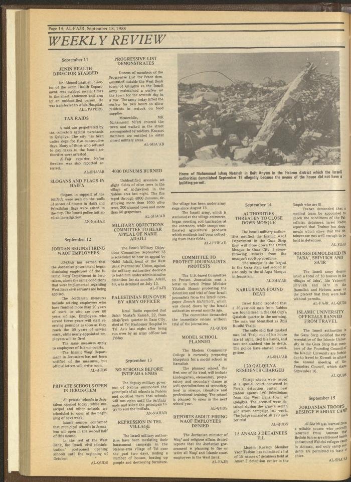 Issue 435 of al-Fajr Newspaper, 18 September 1988