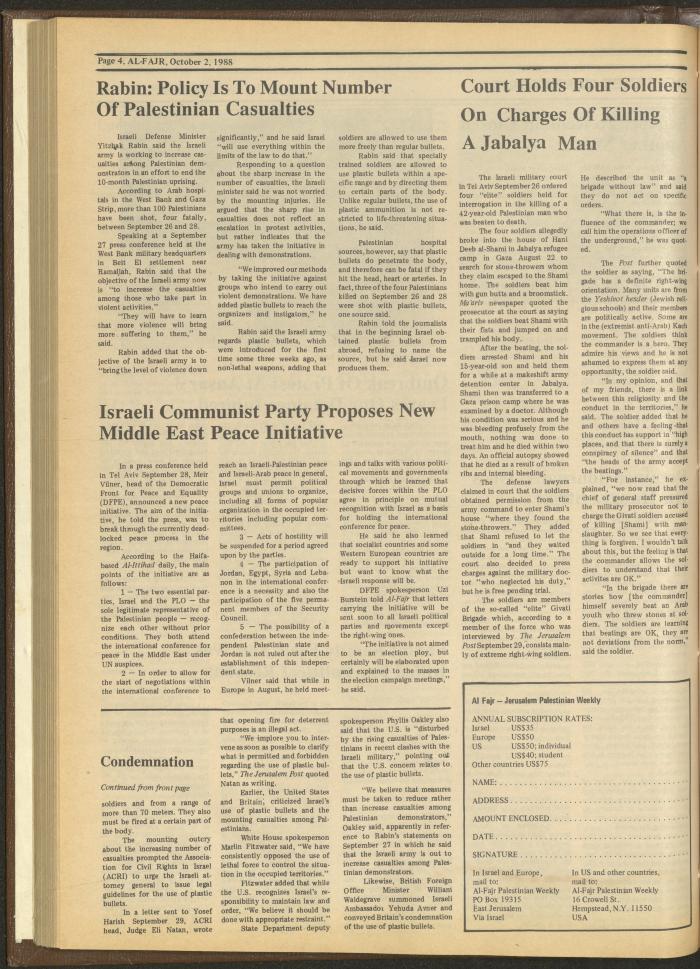العدد 437 من جريدة الفجر، 2 تشرين الأول 1988