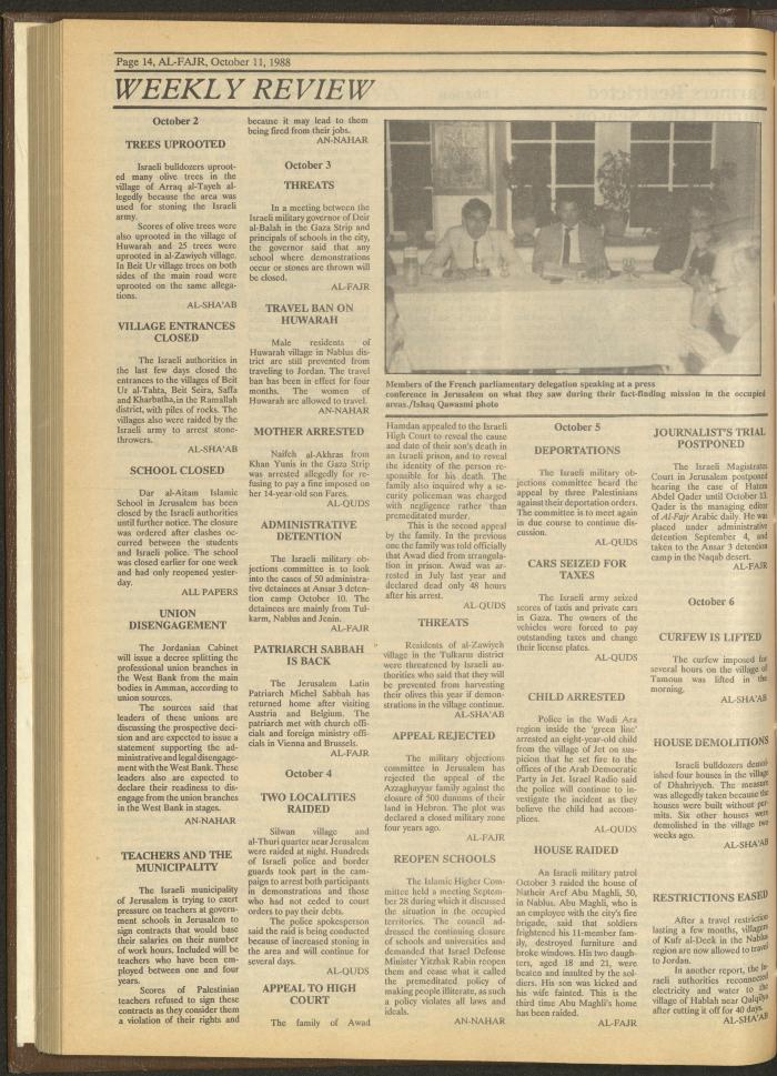 Issue 438 of al-Fajr Newspaper, 11 October 1988