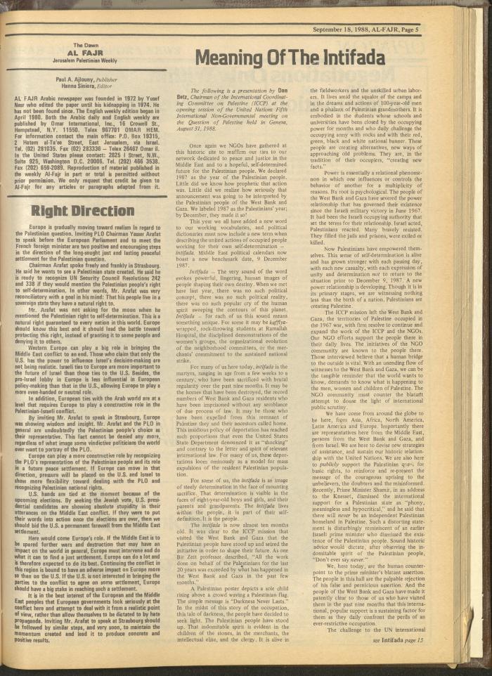 Issue 435 of al-Fajr Newspaper, 18 September 1988