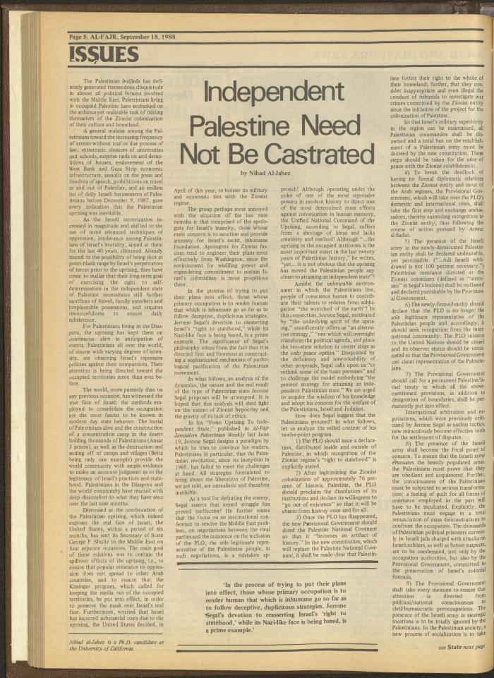 Issue 435 of al-Fajr Newspaper, 18 September 1988