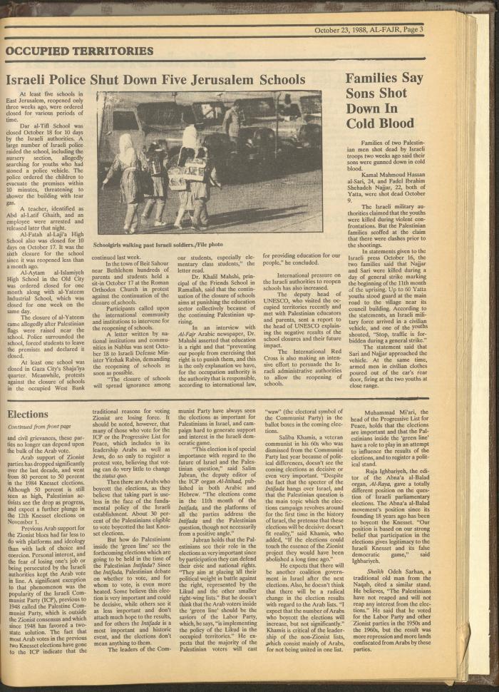 Issue 440 of al-Fajr Newspaper, 23 October 1988