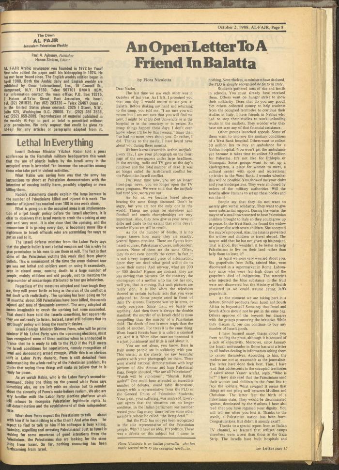 العدد 437 من جريدة الفجر، 2 تشرين الأول 1988