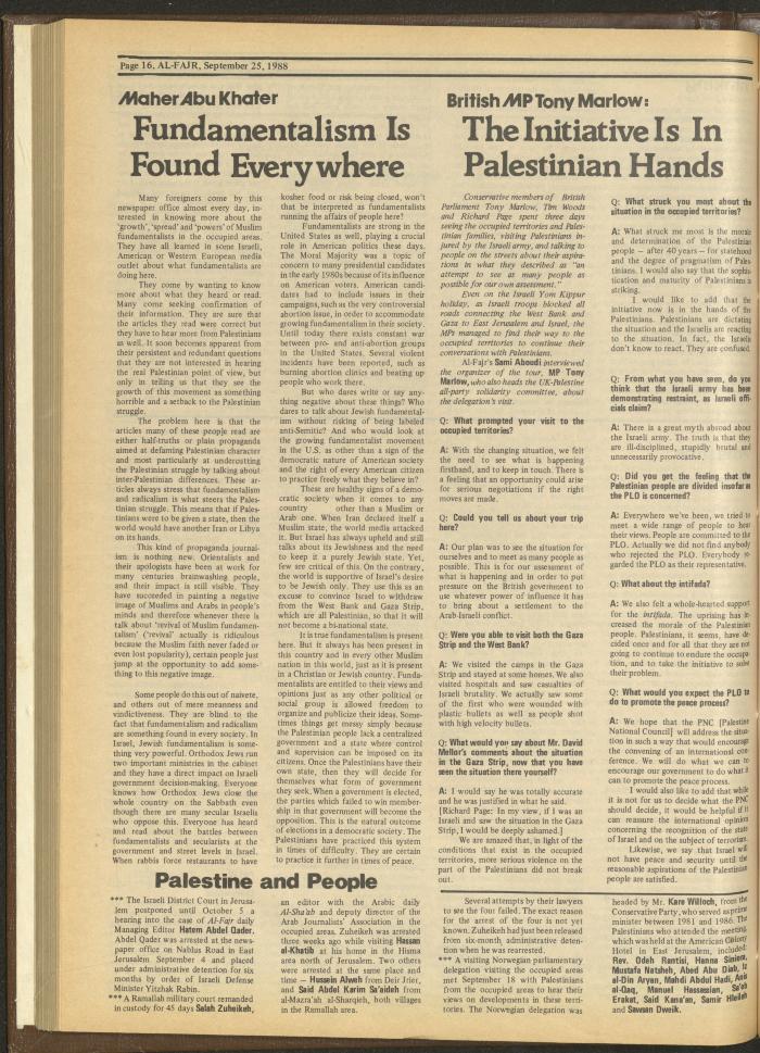 Issue 436 of al-Fajr Newspaper, 25 September 1988