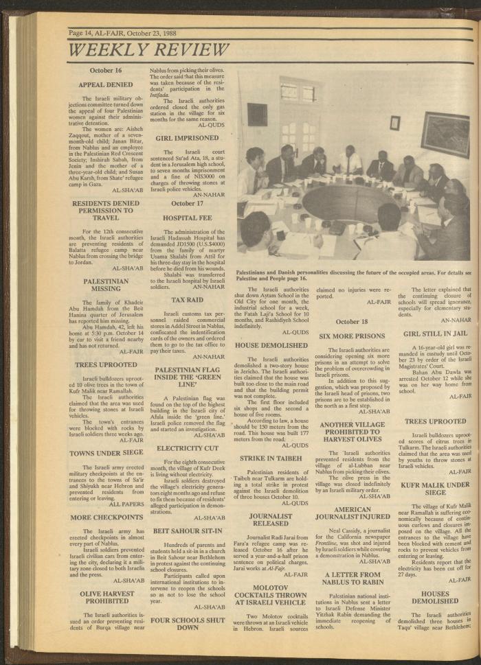 Issue 440 of al-Fajr Newspaper, 23 October 1988