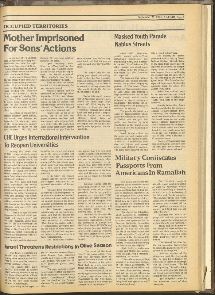 Issue 436 of al-Fajr Newspaper, 25 September 1988