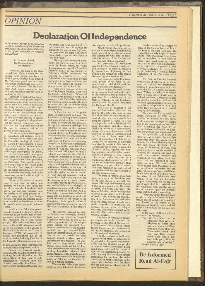 Issue 445 of al-Fajr Newspaper, 28 November 1988