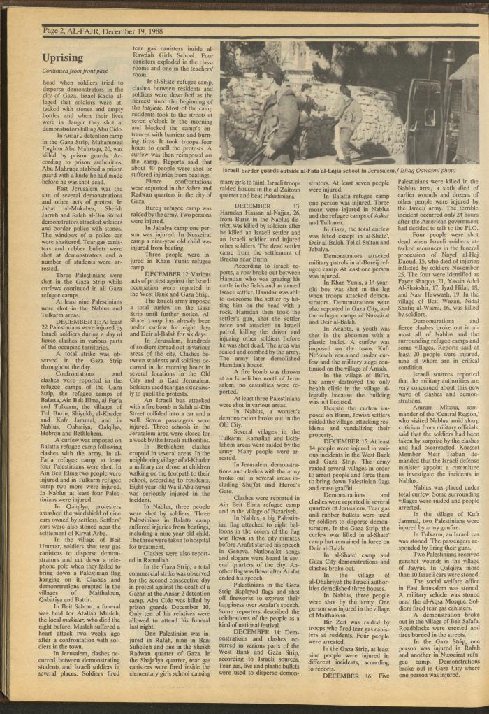 Issue 448 of al-Fajr Newspaper, 19 December 1988