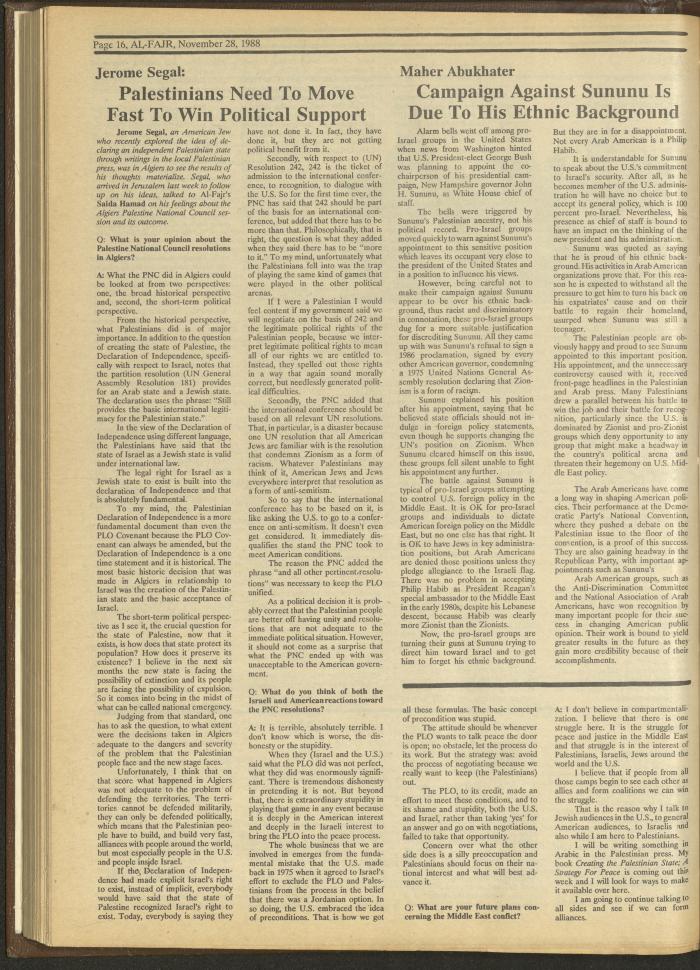 Issue 445 of al-Fajr Newspaper, 28 November 1988