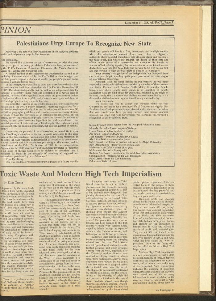 Issue 446 of al-Fajr Newspaper, 5 December 1988