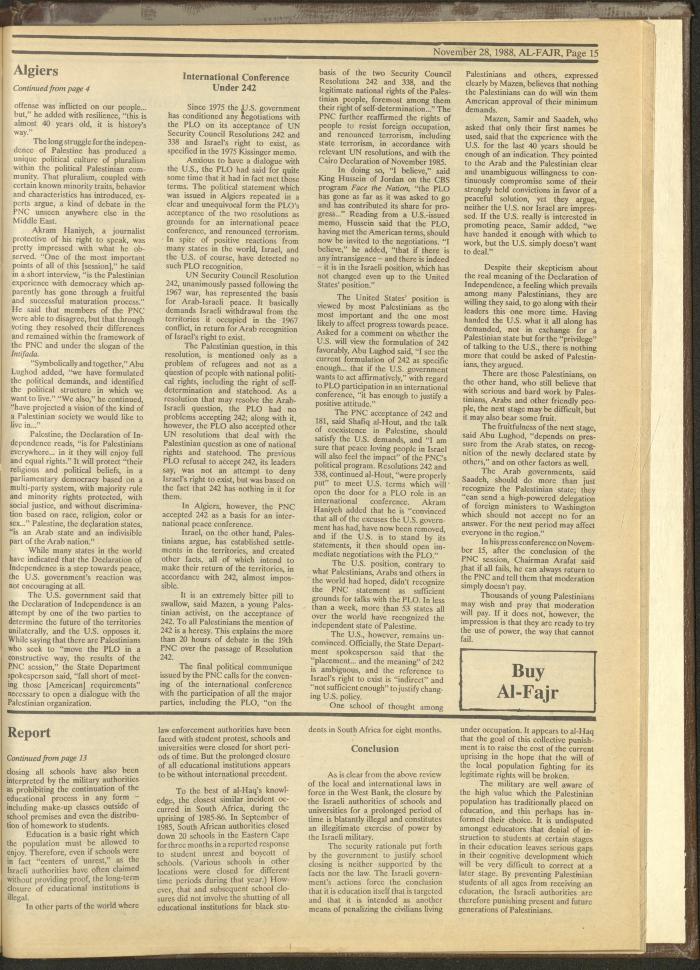Issue 445 of al-Fajr Newspaper, 28 November 1988