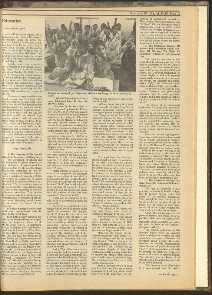 Issue 445 of al-Fajr Newspaper, 28 November 1988