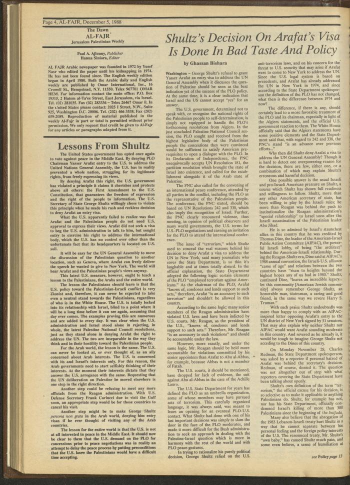 Issue 446 of al-Fajr Newspaper, 5 December 1988