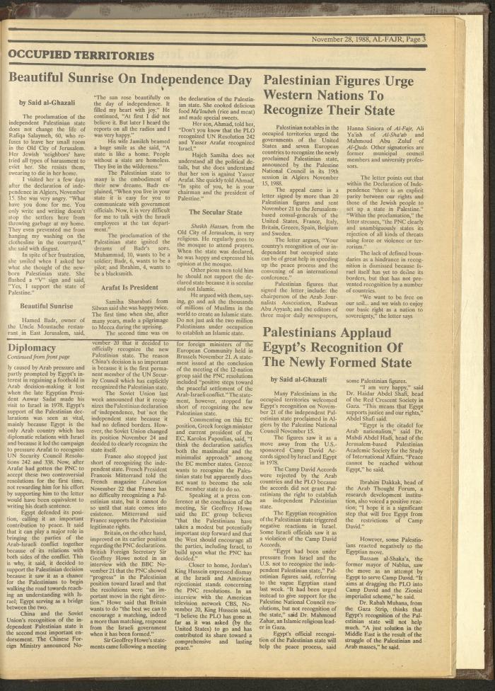 Issue 445 of al-Fajr Newspaper, 28 November 1988