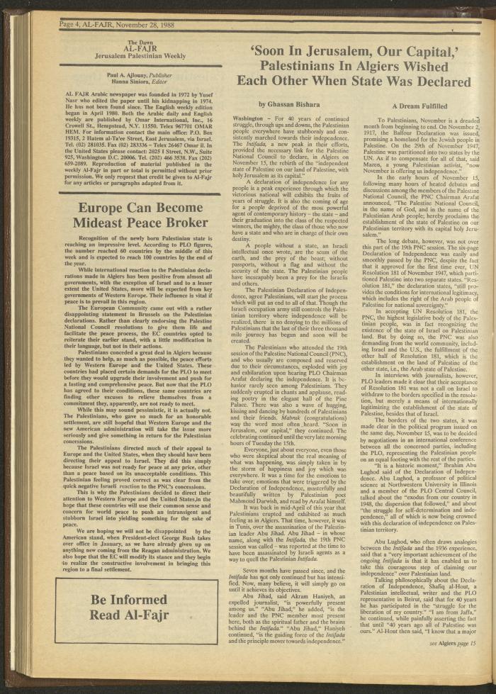 Issue 445 of al-Fajr Newspaper, 28 November 1988