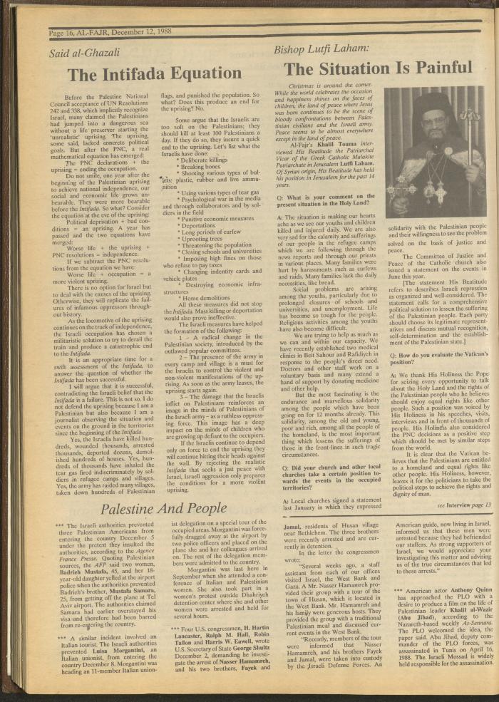 Issue 447 of al-Fajr Newspaper, 12 December 1988