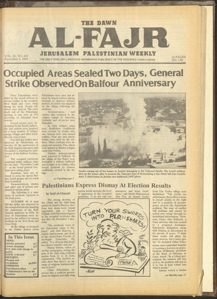 Issue 442 of al-Fajr Newspaper, 6 November 1988