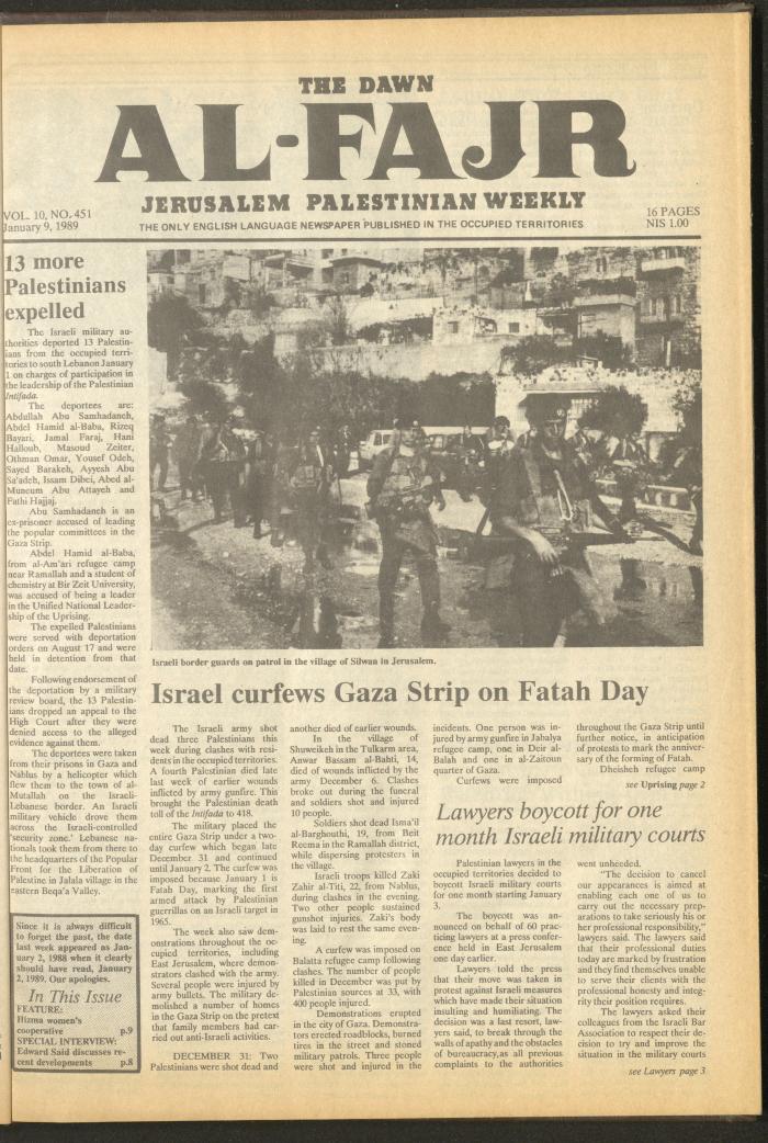 Issue 451 of al-Fajr Newspaper, 9 January 1989