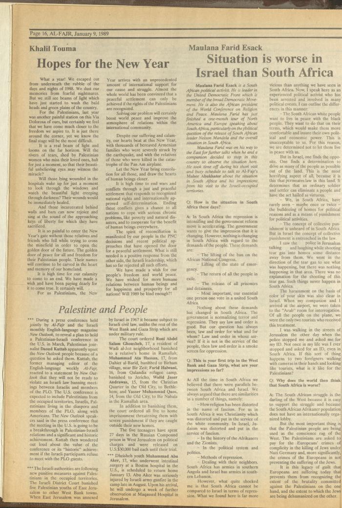 Issue 451 of al-Fajr Newspaper, 9 January 1989