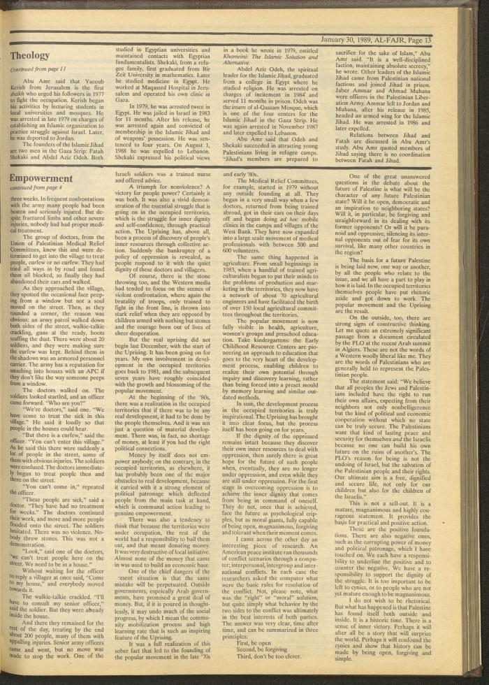 Issue 454 of al-Fajr Newspaper, 30 January 1989