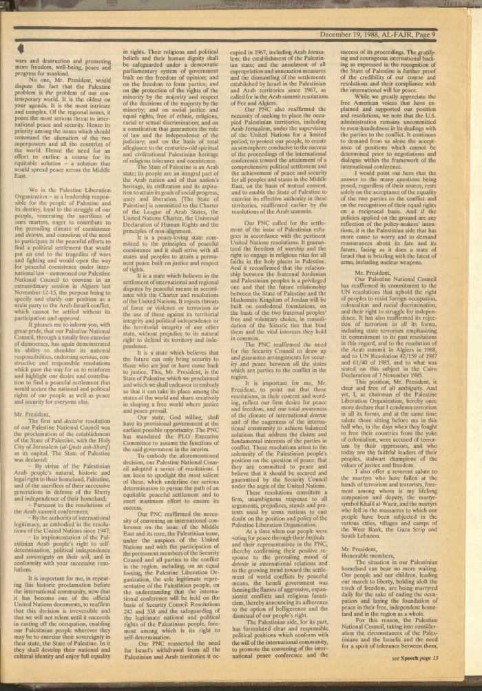 Issue 448 of al-Fajr Newspaper, 19 December 1988