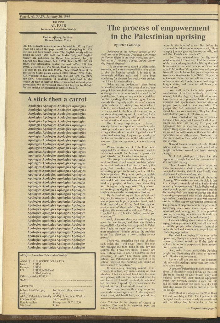Issue 454 of al-Fajr Newspaper, 30 January 1989