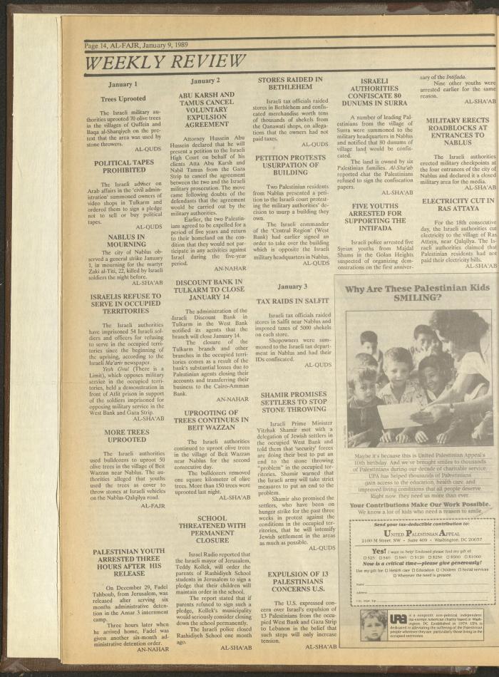 Issue 451 of al-Fajr Newspaper, 9 January 1989