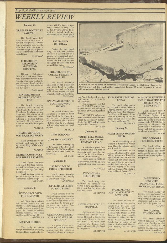 Issue 454 of al-Fajr Newspaper, 30 January 1989
