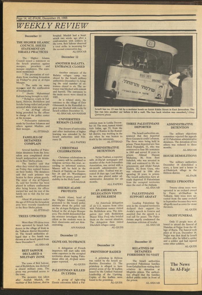Issue 448 of al-Fajr Newspaper, 19 December 1988