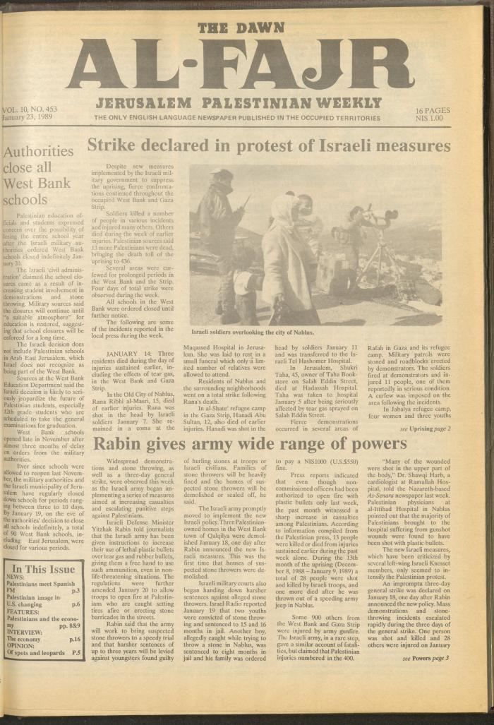 Issue 453 of al-Fajr Newspaper, 23 January 1989
