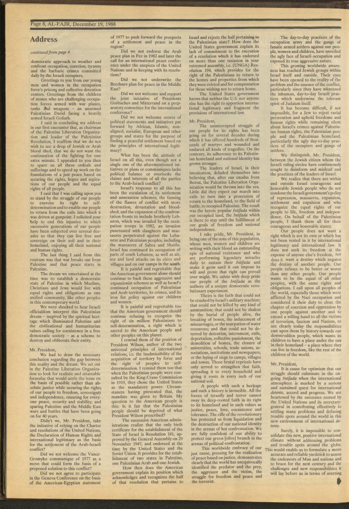 Issue 448 of al-Fajr Newspaper, 19 December 1988