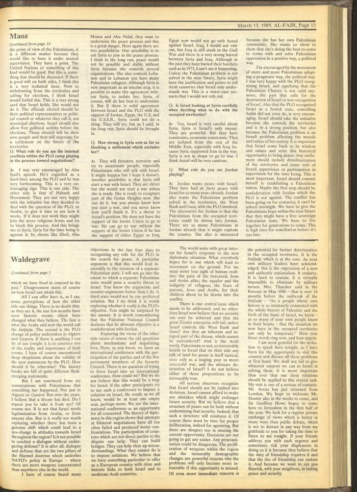 Issue 460 of al-Fajr Newspaper, 13 March 1989