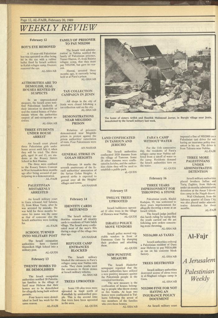 Issue 457 of al-Fajr Newspaper, 20 February 1989