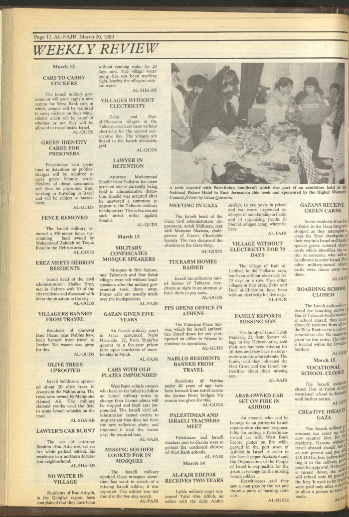 العدد 461 من جريدة الفجر، 20 آذار 1989